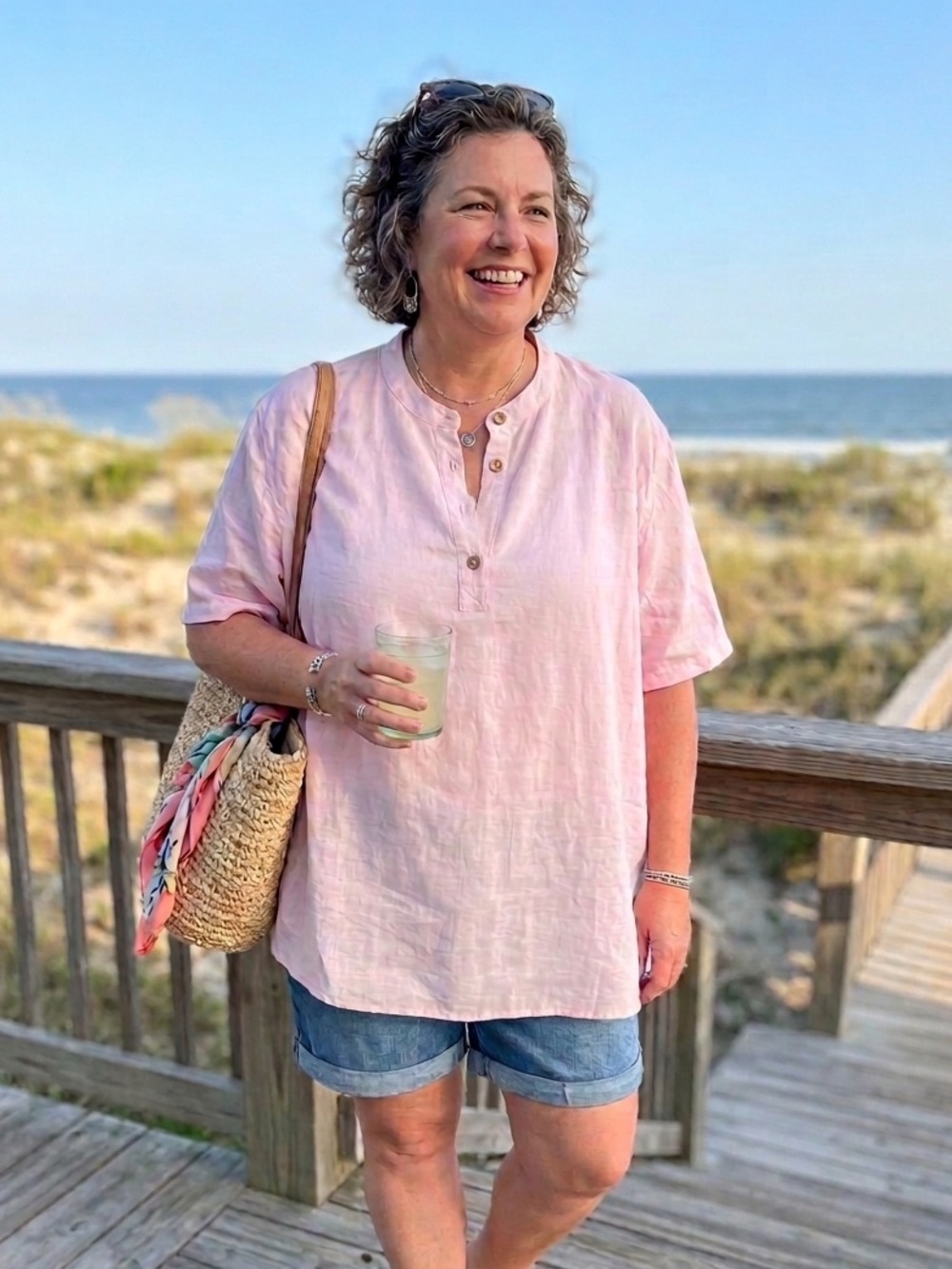 Pink Linen Blend Henley Blous Luc Matton 3XL
